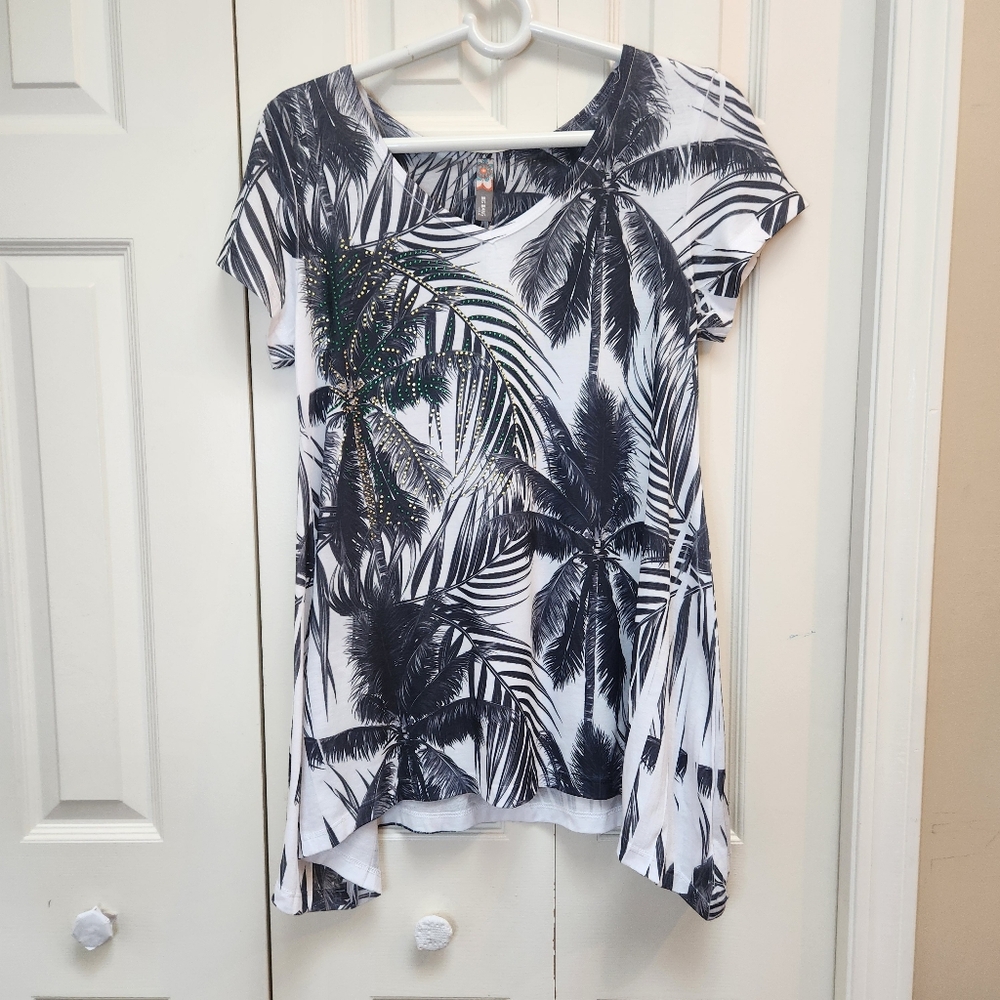 [L] Big Bang Black & White Tropical Print Tunic Sz Large Cap Sleeves Palms…